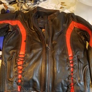 Genuine leather, black and orange riding jacket
